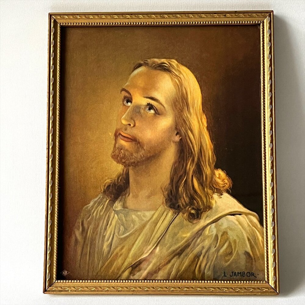 Vintage Jesus Lithograph Print Framed Religious Christian Wall Art by L Jambor